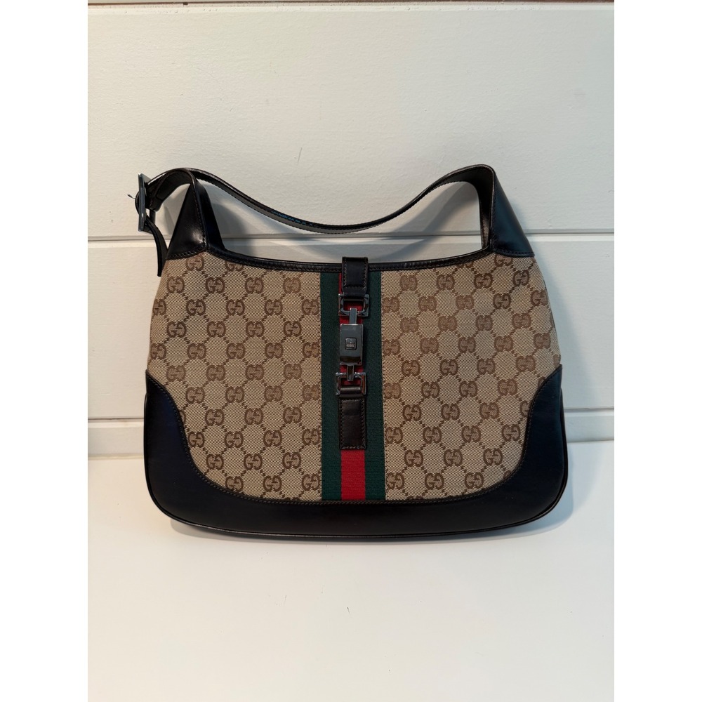 Gucci Jackie O Shoulder Bag GG Supreme Monogram Web Stripe‎ Brown Leather Auth - Picture 9 of 16
